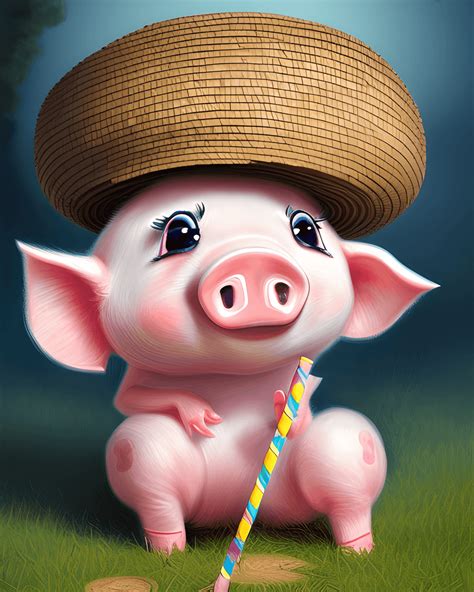 Cute Chibi Piggy Wearing A Straw Hat · Creative Fabrica