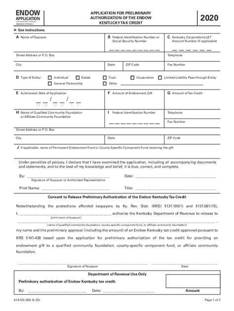 Printable Kentucky Form 41a720 S85 Application For Preliminary