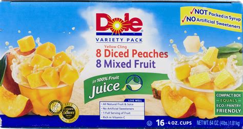 Dole Variety Pack 8 Diced Peaches 8 Mixed Fruit Cups 16 Ct Dole