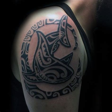 Unusual Designed Black Ink Shoulder Tattoo Of Shark