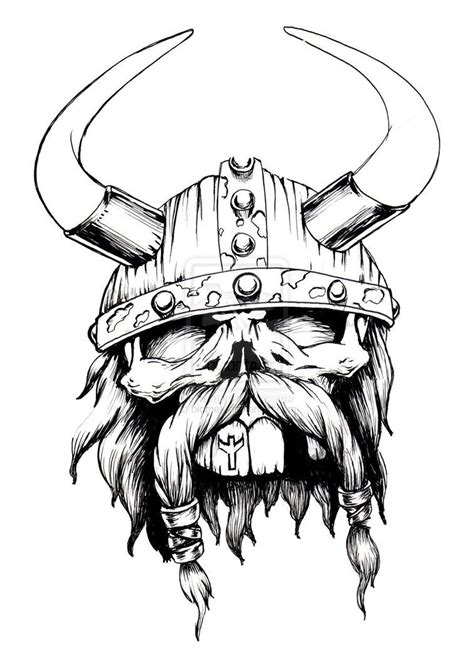 An Ink Drawing Of A Vikings Head With Horns And A Helmet On It