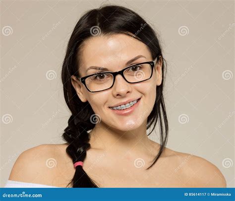 Nerd Girl In Glasses And Brackets On Teeth Positive Excellent Student