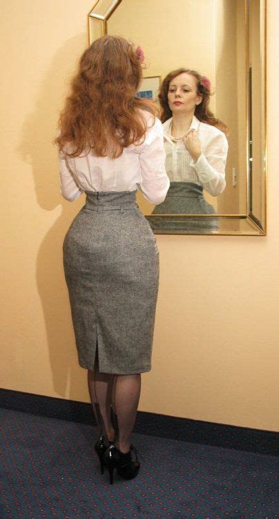 elegant outfit with gray pencil skirt and white blouse