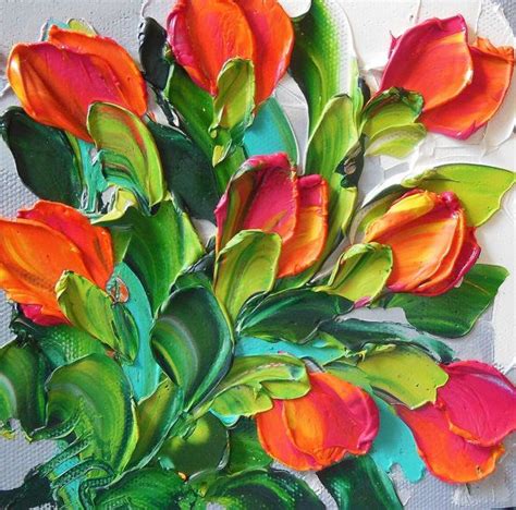 Oil Painting Bright Red Tulips Impasto Painting Red Tulips Flower