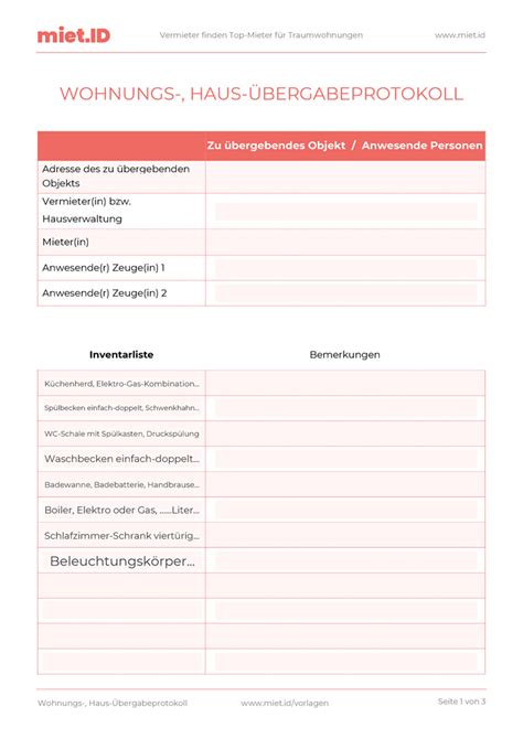 Die in §1 des mietvertrags aufgeführte wohnung besteht aus folgenden zimmern und weist folgende mängel auf, die gemeinsam festgestellt wurden: Übergabeprotokoll Wohnung: PDF Vorlage (Muster) zum ...