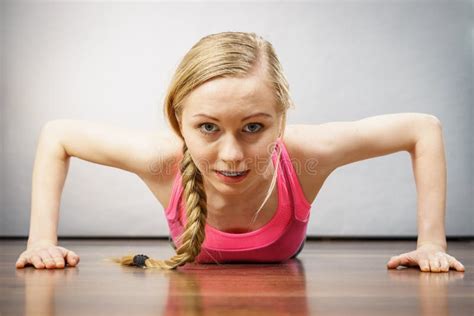Woman Training At Home Doing Push Ups Stock Image Image Of Health