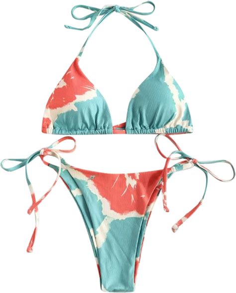 Qzs Women 2 Piece Triangle Bikini Set Tie Dye Brazilian High Cut Swimsuits Thong