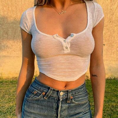 Women S Sexy Sheer Low Cut T Shirt Transparent See Through Crop Top