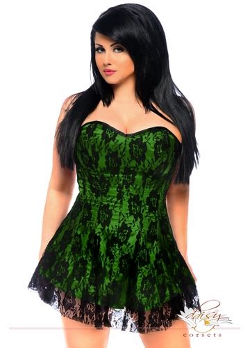 Plus Size Green Satin Corset Dress With Lace Overlay