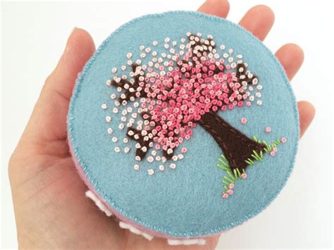 Hand Embroidered Wool Felt Pincushion With Cherry Tree