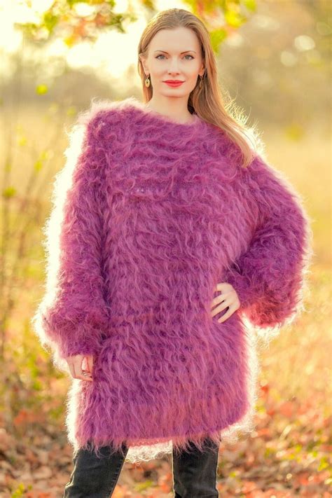 Details About Fuzzy Mohair Sweater Purple Dress Crewneck Handknit Thick
