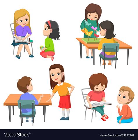 Elementary School Kids Pupils Interaction Set Vector Image