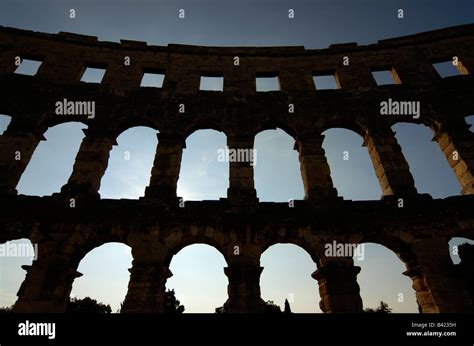 Arches Of Ancient Roman Amphitheater Arena In Pula Istria Croatia Stock
