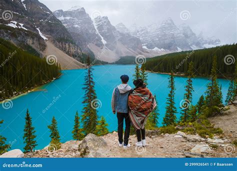 Lake Moraine During A Cold Snowy Day In Canada Turquoise Waters Of The