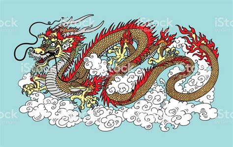 Chinese Dragon In The Sky Surrounded By Clouds Vector Illustration