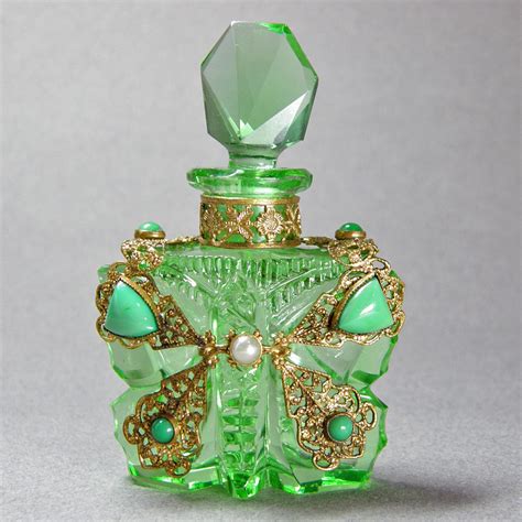 Green Czech Jeweled Butterfly Perfume Bottle From Marshacraftsantiques