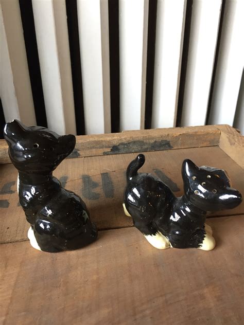 Vintage Cat Salt And Pepper Shakers Black Kitten Figurines Etsy
