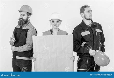Men And Woman In Helmets Architects On Confused Expression Stock Image Image Of Construction