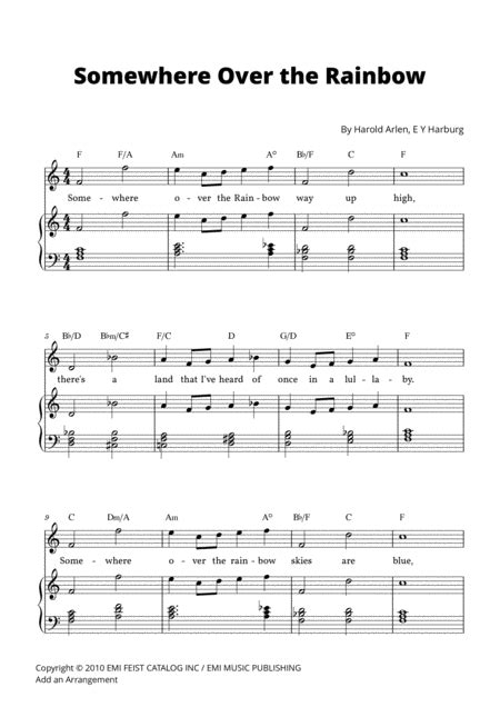 Somewhere Over The Rainbow Piano Vocal Chords Lead Sheet Free Music