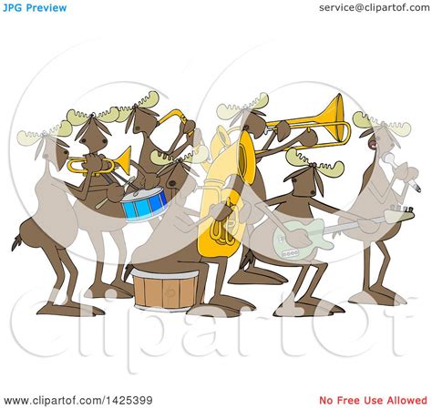Clipart Of A Cartoon Moose Band Playing Instruments And Singing