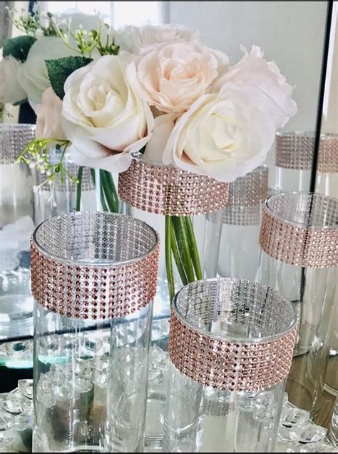 12 Centerpieces Cylinder Vases Sparkling Rose Gold Rhinestone Mesh Ribbon Around The Top Of Each