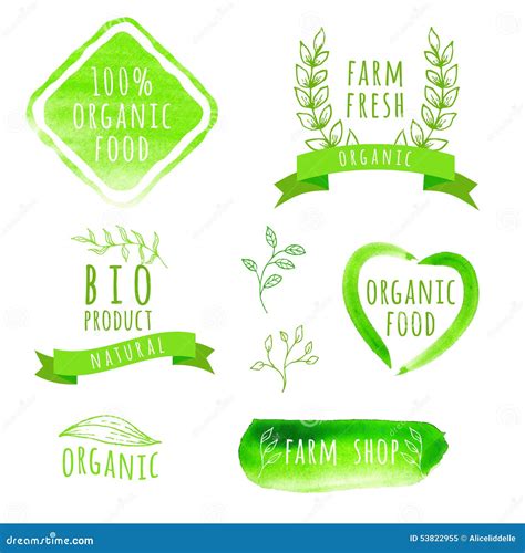 Set Of Watercolor Organic Food Labels Eco Product Stock Vector