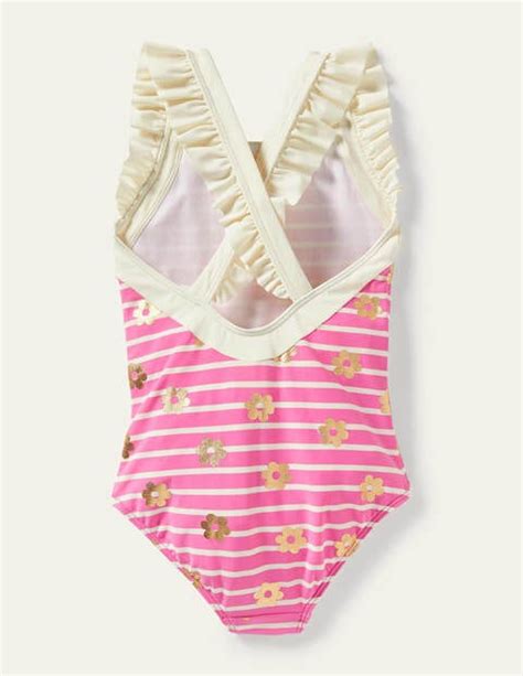 Frilly Cross Back Swimsuit Strawberry Pink Foil Daisy Boden Uk