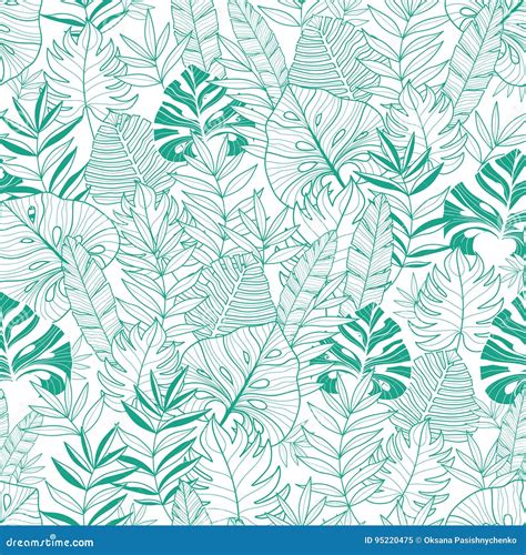 Vector Green Tropical Leaves Summer Hawaiian Seamless Pattern With