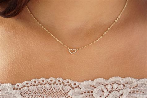Open Heart Necklace Tiny CZ Necklace Thin Gold Necklace Silver