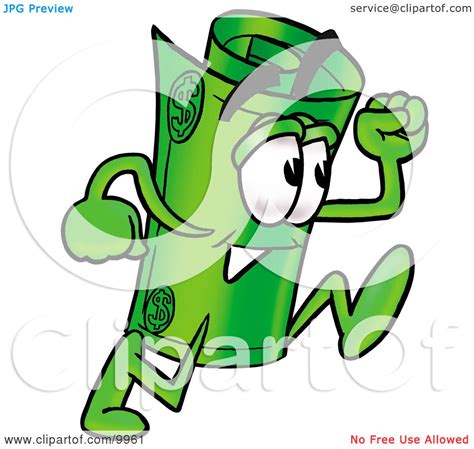 Clipart Picture Of A Rolled Money Mascot Cartoon Character Running By