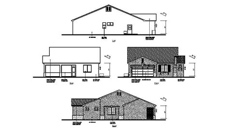 Right Left Front And Rear Elevation Of Single Story House Autocad