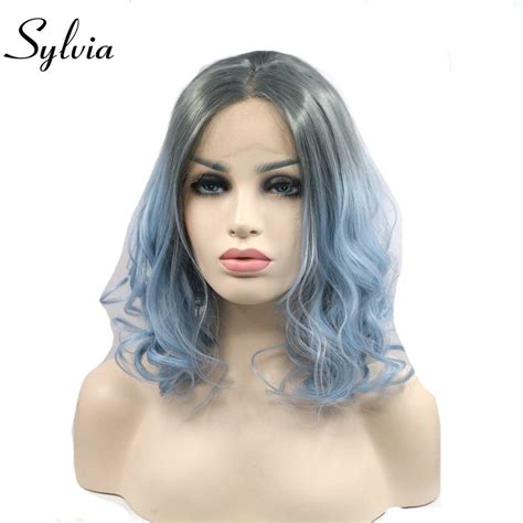 Sylvia Grey To Blue Ombre Body Wave Synthetic Lace Front Wigs With Dark