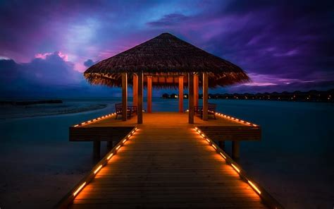1920x1080px 1080p Free Download Lighted Pier In The Maldives Under