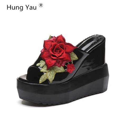 Hung Yau Wedges Sandals Shoes For Women Summer Style Flowers Platform Flip Flops Slip On 12cm