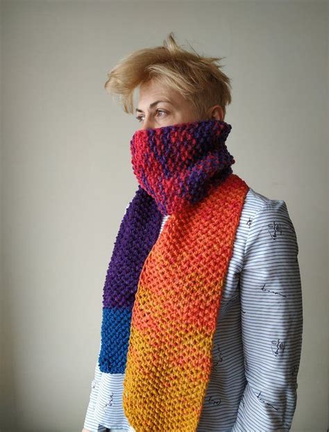 Hand Knitted Scarf In Rainbow Colours Hand Knit Scarf Winter Knit