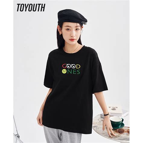 Toyouth Women T Shirt 2023 Summer Short Sleeve O Neck Loose Tees Funny Letter Print Pure Cotton