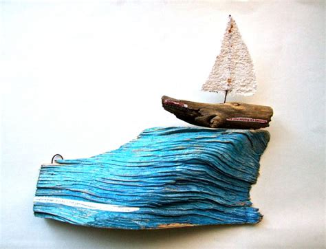 Wooden Boat On A Blue Wave Original Illustration On Reclaimed Wood