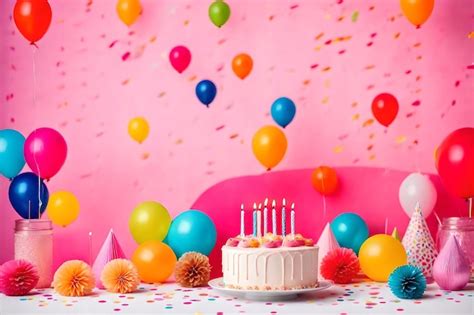 Premium Ai Image Happy Birthday Cake Balloons Candles And Confetti