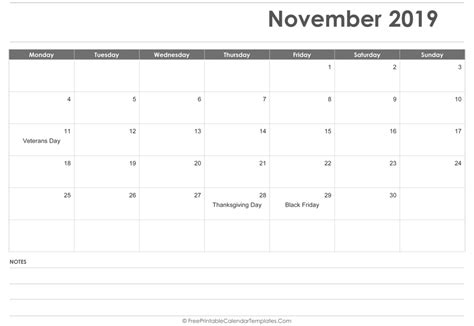 November 2019 Calendar Printable With Holidays