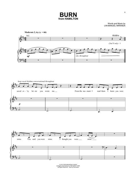 Sheet music arranged for piano/vocal/chords, and singer pro in b minor (transposable). Burn (from Hamilton) (Vocal Pro + Piano/Guitar) - Print ...