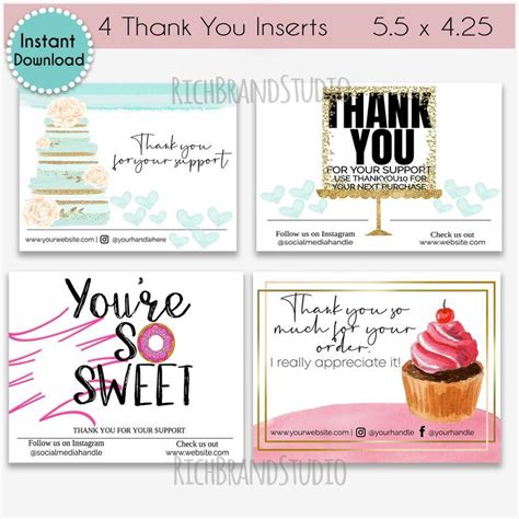 Four Thank Cards With The Words Thank You And A Cupcake On Top Are Shown