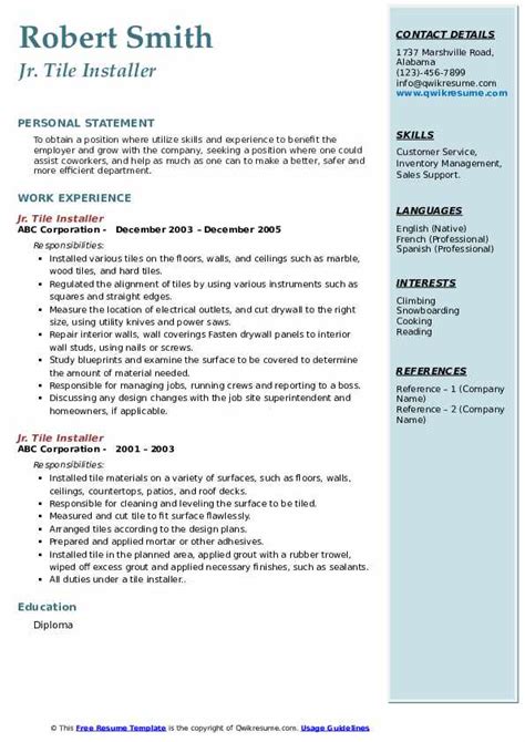 tile installer resume samples qwikresume