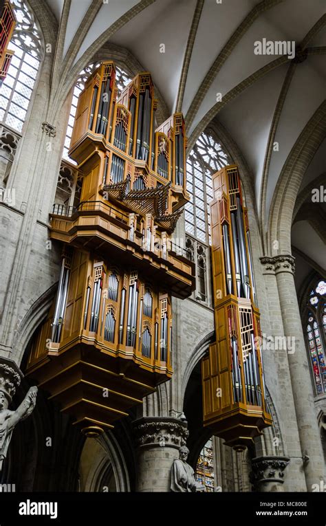 Pipe Organ Of Saint Michael Cathedral In Brussels February 2018 Stock