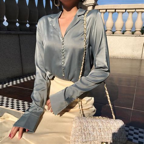 p765 women silk satin blouse single breasted v neck long sleeve shirts ladies office work