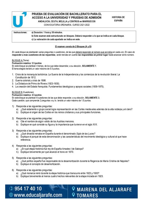 Examen De Historia De España De Selectividad Andalucía 2022 Educaljarafe