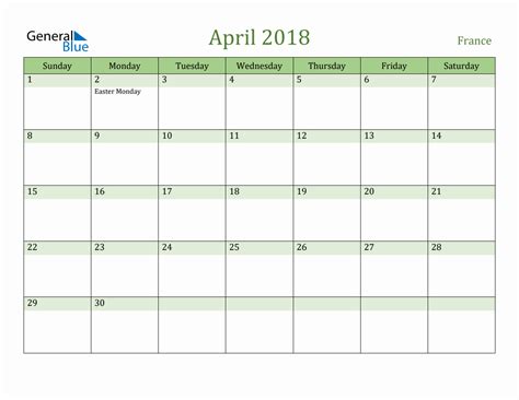 Fillable Holiday Calendar For France April 2018