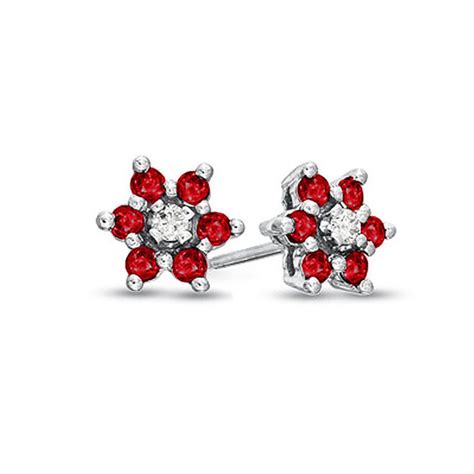 Ruby And Diamond Accent Flower Cluster Stud Earrings In 14k White Gold