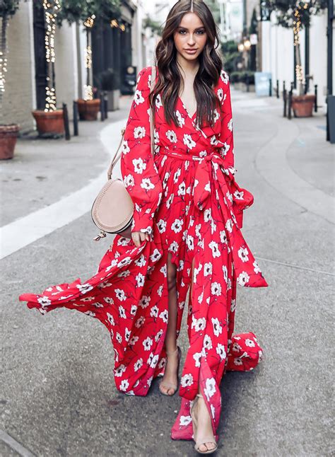 Fashion Floral Printed Long Sleeve Lace Up V Neck Maxi Dress