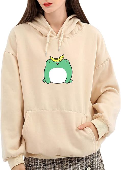 Keevici Cartoon Cute Frog Printed Cotton Hoodie Casual Sweatshirts For Women With Pocket At