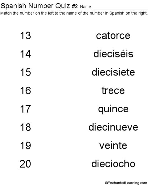 Spanish Numbers Quiz 2 Printout Childrens Dictionary